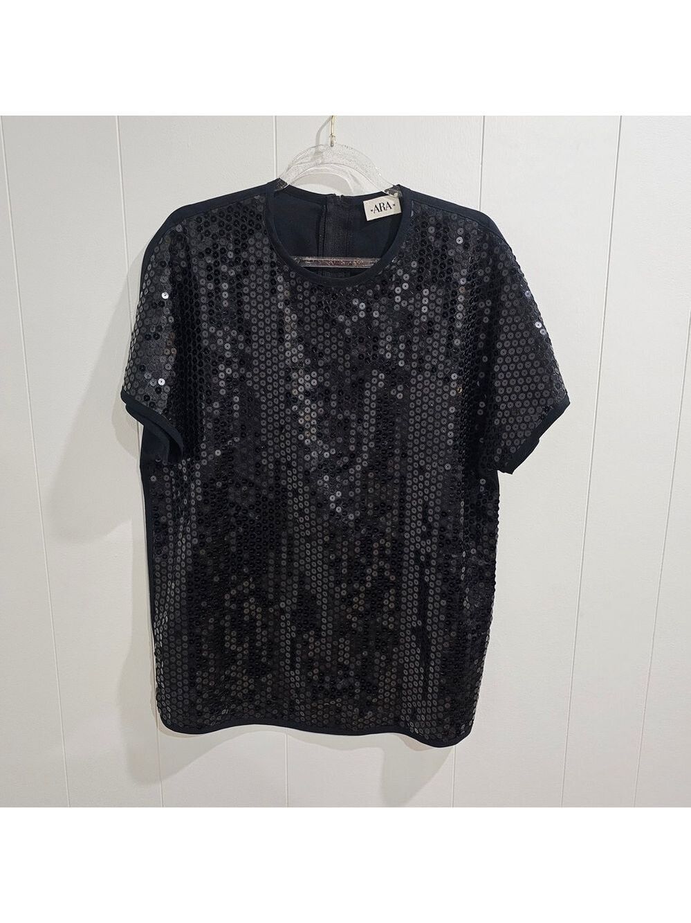 Black Festive, Party, Sequined, Short Sleeve Blouse Back Zipper
